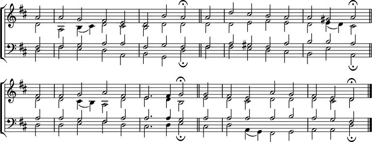 
\new ChoirStaff <<
  \new Staff { \clef treble \time 4/2 \key d \major \partial 2 \set Staff.midiInstrument = "church organ" \omit Staff.TimeSignature \set Score.tempoHideNote = ##t \override Score.BarNumber  #'transparent = ##t 
  \relative c''
  << { a2 | a g fis e | d b' a \fermata \bar"||"
       a | d cis b a | a gis a \fermata \bar"||" \break
       fis | fis g a fis | e2. fis4 g2 \fermata \bar"||"
       g | fis e a g | fis e d \fermata \bar"|." } \\
  { d2 | a b4( cis) d2 cis | b d d d | d e fis e | d e4( d) cis2
    d | d cis4( b) a2 d | e2. d4 b2 e | d cis d d | d cis d } >>
  }
\new Staff { \clef bass \key d \major \set Staff.midiInstrument = "church organ" \omit Staff.TimeSignature
  \relative c
  << { fis2 | 2 g a a | fis g fis fis | a gis fis a | b b a
       a | a g fis a | a2. 4 g2 a | a a a b | a g fis } \\
  { d2 | fis e d a | b g d' \fermata fis | fis e d cis | b e a, \fermata
    d | d e fis d | cis2. d4 e2 \fermata cis | d a4( g) fis2 g | a a d \fermata } >>
  } 
>>
\layout { indent = #0 }
\midi { \tempo 2 = 69 }
