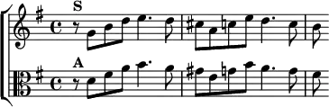 \new ChoirStaff <<
\new Staff \relative g' { \key g \major \time 4/4
r8^\markup \bold "S" g b d e4. d8 | cis a c e d4. c8 | b }
\new Staff \relative d' { \clef alto \key g \major
r8^\markup \bold "A" d fis a b4. a8 |
gis e g b a4. g8 | fis } >>