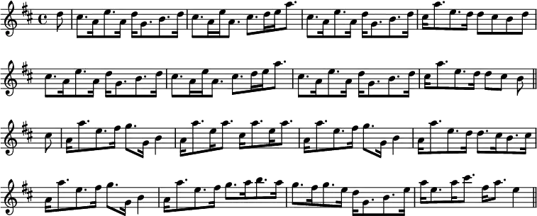 { \override Score.BarNumber #'break-visibility = #'#(#f #f #f) \key d \major \time 4/4 \partial 8 \relative d'' {
  d8 | cis8.[ a16 e'8. a,16] d[ g,8. b8. d16] |
  cis8.[ a16 e' a,8.] cis8.[ d16 e a8.] | %end line 1
  cis,8.[ a16 e'8. a,16] d[ g,8. b d16] |
  cis[ a'8. e d16] d8[ cis b d] |%end line 2
  cis8.[ a16 e'8. a,16] d[ g,8. b d16] |
  cis8.[ a16 e' a,8.] cis[ d16 e a8.] | %end line 3
  cis,8.[ a16 e'8. a,16] d[ g,8. b d16] |
  cis[ a'8. e d16] d8[ cis] b \bar "||"
  cis | a16[ a'8. e fis16] g8.[ g,16] b4 |
  a16[ a'8. e16 a8.] cis,16[ a'8. e16 a8.] | %end line 5
  a,16[ a'8. e fis16] g8.[ g,16] b4 |
  a16[ a'8. e d16] d8.[ cis16 b8. cis16] | %end line 6
  a16[ a'8. e fis16] g8.[ g,16] b4 |
  a16[ a'8. e fis16] g8.[ a16 b8. a16] | %end line 7
  g8.[ fis16 g8. e16] d[ g,8. b e16] |
  a[ e8. a16 cis8.] fis,16[ a8.] e4 \bar "||" } }