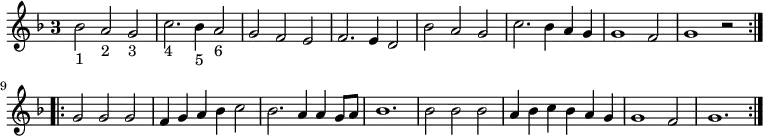 { \key f \major \time 3/2 \override Staff.TimeSignature #'style = #'single-digit \relative b' { \repeat volta 2 {
  bes2_"1" a_"2" g_"3" | c2._"4" bes4_"5" a2_"6" | g f e | f2. e4 d2 | bes' a g | c2. bes4 a g | g1 f2 | g1 r2 }
\repeat volta 2 {
  g g g | f4 g a bes c2 | bes2. a4 a g8 a | bes1. | bes2 bes bes | a4 bes c bes a g | g1 f2 | g1. }
} }