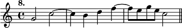 { \time 4/4 \tempo "8." \relative g' { g2 c ~ c4 b d f ~ f8 e g e c2 \bar "||" } }