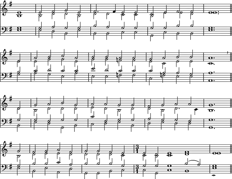 
<< <<
\new Staff { \clef treble \time 4/2 \partial 1 \key g \major \set Staff.midiInstrument = "church organ" \omit Staff.TimeSignature \set Score.tempoHideNote = ##t \override Score.BarNumber  #'transparent = ##t
  \relative c'
  << { e1 | e2 fis g e | fis2. fis4 e2 e | d e fis fis | e1. \bar"||" \break
  e2 | a b c a | b b a a | g a b b | a1. \breathe \bar"||" \break
  d,2 | g a b g | a a g g | fis g a a | g1. \bar"||" \break
  g2 | fis g a fis | g g fis e | \undo \omit Staff.TimeSignature \time 3/1 e d e1 fis | e \bar"||" } \\
  { b1 | b2 d d b | d d c c | b e e d | e1.
  e2 | e g g e | g g f f  | e c e e  | c1.
  d2 | b d d d | e d b d | d b d2. c4 | b1.
  b2 | d e e d | d d d c | c b c1 d | e } >>
}
\new Staff { \clef bass \key g \major \set Staff.midiInstrument = "church organ" \omit Staff.TimeSignature
  \relative c'
  << { g1 | g2 a g g | b a g g | g g b b | g1. \bar"||"
  b2 | c d c c | e d c c | c a a g | a1. \bar"||"
  g2 | g fis g g | c fis, g g | a g g fis | g1. \bar"||"
  g2 | b b c a | b b b g | \undo \omit Staff.TimeSignature \time 3/1 g g g1 b2( a) | g1 \bar"||" } \\
  { e1 | e2 d b e | b b c c | g c b b  | e1.
  g2 | a g e a | e e  f f  | c f  e e  | a,1.
  b2 | e d g, b | c d e b | d e d d | g,1.
  e'2 | b e a, d | g, g b c | c g c1 b | 

    <<
      \new Voice = "alternative" {
        \voiceOne  { 
          e
        }
      }
      {
        \voiceTwo \magnifyMusic 0.63 {
          e,
        }
          \oneVoice
        } >>

 } >>}
>> >>
\layout { indent = #0 }
\midi { \tempo 2 = 69 }
