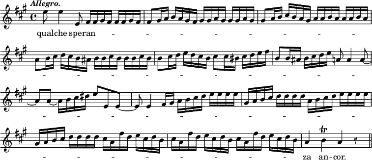 { \relative e'' { \override Score.BarNumber #'break-visibility = #'#(#f #f #f) \key a \major \tempo \markup \italic "Allegro." \override Score.Rest #'style = #'classical
e8 e4 e,8 fis16 fis gis fis fis fis gis fis |
fis8 gis16 a b a gis fis gis gis a gis gis gis a gis | %end line 1
gis8 a16 b cis b a gis a a b a a a b a |
a8 b16 cis d cis b ais b b cis b b b cis b | %end line 2
b8 cis16 d e d cis b cis8 cis16 bis cis d e fis |
b,8 b16 ais b cis d e a,8 a4 a8 ~ | %end line 3
a a ~ a16 b cis dis e8 e, e8*2/1 ~ |
e8 e4 fis16 gis a b cis d e e e e | %end line 4
gis, a b cis d d d d a b cis d e e e e |
gis, a b cis d d d d cis a fis' d e cis d b | %end line 5
cis a fis' d e cis d b cis a fis' d e cis d b |
a4 b\trill a r \bar "||" }
\addlyrics { qual -- che sper -- an -- _ _ _ _ _ _ _ _ _ _ _ _ _ _ _ _ _ _ _ _ _ _ _ _ _ _ _ _ _ _ _ _ _ _ _ _ _ _ _ _ _ _ _ _ _ _ _ _ _ _ _ _ _ _ _ _ _ _ _ _ _ _ _ _ _ _ _ _ _ _ _ _ _ _ _ _ _ _ _ _ _ _ _ _ _ _ _ _ _ _ _ _ _ _ _ _ _ _ _ _ _ _ _ _ _ _ _ _ _ _ _ _ _ _ _ _ _ _ _ _ _ _ _ _ _ _ _ _ _ _ _ _ _ _ _ _ _ _ _ _ _ _ za an -- cor. } }