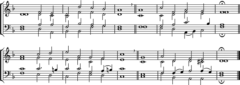 
\new ChoirStaff <<
  \new Staff { \clef treble \time 4/2 \key d \minor \set Staff.midiInstrument = "church organ" \omit Staff.TimeSignature \set Score.tempoHideNote = ##t \override Score.BarNumber  #'transparent = ##t 
  \relative c'
  << { d1 f2 e | d d' c bes | a1 \breathe \bar"||" a | c2 f, a g | \time 2/2 f1 \fermata \bar"||" \break
       \time 4/2 a c2 d | e a, g f | c'1 \breathe \bar"||" g | a2 d, f e | d1 \fermata \bar"|." } \\
  { d1 d2 c | bes f' f d | d1 c | c2 d f e | f1 |
    f g2 f | e f c f | e1 c | c2 d d cis | d1 } >>
  } 
\new Staff { \clef bass \key d \minor \set Staff.midiInstrument = "church organ" \omit Staff.TimeSignature \override Staff.NoteHead.style = #'altdefault
  \relative c
  << { f1 a2 a | f bes a g | f1 f | g2 a c2. bes4 | a1 |
       c c2. b4 | c2 c g a4( b) | c1 e, | f2 f4( g) a2 a4( g) | f1 } \\
  { d1 d2 a | bes bes f' g | d1 f | e2 d a4( bes) c2 | f1 \fermata
    f e2 d | c f e d | c1 c | f2 bes, a a | d1 \fermata } >>
  } 
>>
\layout { indent = #0 }
\midi { \tempo 2 = 56 }
