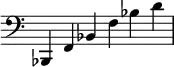 { \override Score.TimeSignature #'stencil = ##f \time 6/4 { \clef bass bes,, f, bes, f bes d' } }