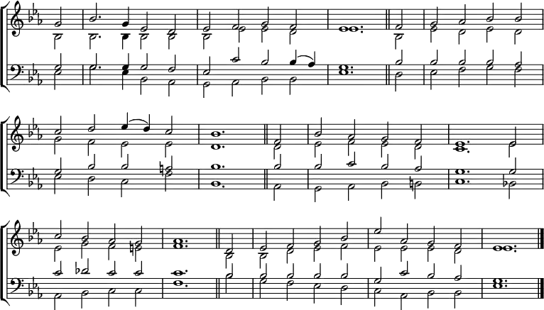 
\new ChoirStaff <<
  \new Staff { \clef treble \time 4/2 \key es \major \partial 2 \set Staff.midiInstrument = "church organ" \omit Staff.TimeSignature \set Score.tempoHideNote = ##t \override Score.BarNumber  #'transparent = ##t 
  \relative c''
  << { g2 | bes2. g4 es2 d | es f g f | es1. \bar"||" f2 | g aes bes bes \break
       c d es4( d) c2 | bes1. \bar"||" f2 | bes aes g f | es1. 2 \break
       c' bes aes g | aes1. \bar"||" d,2 | es f g bes | es aes, g f | es1. \bar"|." } \\
  { bes2 | 2. 4 2 2 | 2 es es d | es1. bes2 | es d es d
    g f es es | d1. 2 | es f es d | c1. es2
    es g f e | f1. bes,2 | 2 d es f | es es es d | es1. } >>
  }
\new Staff { \clef bass \key es \major \set Staff.midiInstrument = "church organ" \omit Staff.TimeSignature
  \relative c'
  << { g2 | 2. 4 2 f | es c' bes bes4( aes) | g1. bes2 | 2 2 2 aes
       g bes bes a | bes1. 2 | 2 c bes aes | g1. 2
       c des c c | c1. bes2 | 2 2 2 2 | g c bes aes | g1. } \\
  { es2 | g2. es4 bes2 aes | g aes bes bes | es1. d2 | es f g f
    es d c f | bes,1. aes2 | g aes bes b | c1. bes!2
    aes bes c c | f1. bes2 | g f es d | c aes bes bes | es1. } >>
  } 
>>
\layout { indent = #0 }
\midi { \tempo 2 = 56 }
