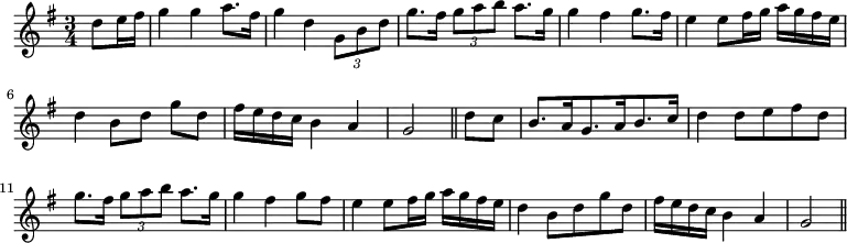 { \set Staff.midiInstrument = #"orchestral harp" \time 3/4 \key g \major \partial 4 \relative d'' { d8 e16 fis | g4 g a8. fis16 | g4 d \times 2/3 { g,8 b d } | g8. fis16 \times 2/3 { g8 a b } a8. g16 | g4 fis g8. fis16 | e4 e8 fis16 g a g fis e | d4 b8[ d] g[ d] | fis16 e d c b4 a | g2 \bar "||" d'8 c | b8.[ a16 g8. a16 b8. c16] | d4 d8 e fis d | g8. fis16 \times 2/3 { g8 a b } a8. g16 | g4 fis g8 fis | e4 e8 fis16 g a g fis e | d4 b8 d g d | fis16 e d c b4 a | g2 \bar "||" } }
