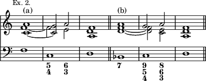 { << \new Staff << \mark \markup \small "Ex. 2." \override Score.TimeSignature #'stencil = ##f
\new Voice \relative a' { \stemUp
<a c,>1^"(a)" _~ <g c,>2 a | <f a,>1 \bar "||"
a1^"(b)" g2 a | f1 \bar "||" }
\new Voice \relative f' { \stemDown
f1 _~ f2 e d1 | <f d>1 _~ q2 <e c> <d a>1 } >>
\new Staff { \clef bass
f1 c d | bes, c d }
\figures { s1 <5 4>2 <6 3> s1 | <7> <9 5 4>2 <8 6 3> } >> }