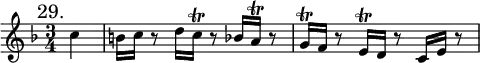 { \mark "29." \key f \major \time 3/4 \partial 4 \relative c'' {
c4 | b16 c r8 d16 c\trill r8 bes16 a\trill r8 | g16\trill f r8 e16\trill d r8 c16 e r8 } }