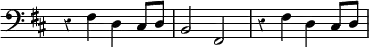 { \clef bass \key d \major \override Score.Rest #'style = #'classical \time 4/4 \override Score.TimeSignature #'stencil = ##f r4 fis d cis8 d | b,2 fis, | r4 fis d cis8 d }