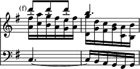 { << \new Staff << \override Score.TimeSignature #'stencil = ##f \time 3/8 \mark \markup \small "(f)" \key g \major
 \new Voice \relative d''' { \stemUp
  d8-. d-. d-. | b4. }
 \new Voice \relative a' { \stemDown
  <a fis'>16 <c a'> <b g'> <a fis'> <g e'> <a fis'> |
  <d, g'> <g d'> <fis c'> <g b> <a c,> <b b,> } >>
\new Staff \relative c { \clef bass \key g \major
 c4. ~ | c16 b a g fis g } >> }