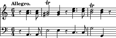 { << \new Staff \relative c'' { \time 6/4 \partial 2. \tempo "Allegro." \override Score.Rest #'style = #'classical
r4 <c a>4. q8 | <b gis>2\trill q4 r <e c>4. q8 | <d b>2\trill q4 r }
\new Staff \relative a, { \clef bass
r4 a4. a8 | e'2 e4 r c4. c8 | g'2 g,4 s } >> }