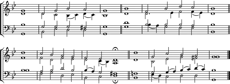 
\new ChoirStaff <<
  \new Staff { \clef treble \time 4/2 \key g \minor \partial 1 \set Staff.midiInstrument = "church organ" \omit Staff.TimeSignature \set Score.tempoHideNote = ##t \override Score.BarNumber  #'transparent = ##t 
  \relative c''
  << { g1 | d2 g bes a | g1 \bar"||" bes | f2 bes d c | bes1 \bar"||" \break
       d | c2 bes a g | f es d1 \fermata \bar"||" \time 2/2 d'1 | \time 4/2 g,2 c bes a | g1 \bar"|." } \\
  { d1 | d2 c bes4( c) d( c) | bes1 d | d2. es4 f2 f4( es) | d1
    f | f2 d f es | d c4( bes) a1 | d | bes2 es g fis | g1 } >>
  } 
\new Staff { \clef bass \key g \minor \set Staff.midiInstrument = "church organ" \omit Staff.TimeSignature
  \relative c'
  << { bes1 | g2 g g fis | g1 d' | bes2 bes bes a | bes1
       bes | a2 bes d bes | bes4( a) g2 fis1 | f! | g2 g4( a) bes( c) d( c) | bes1 } \\
  { g,1 | bes2 es d d | g,1 g' | bes4( a) g2 f f | bes,1
    bes' | f2 g d es | bes c d1 \fermata | bes | es4( d) c2 d d | g,1 } >>
  } 
>>
\layout { indent = #0 }
\midi { \tempo 2 = 66 }
