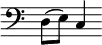 { \override Score.TimeSignature #'stencil = ##f \clef bass \relative d { d8( e) c4 } }