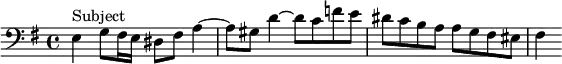 { \relative e { \clef bass \key e \minor \time 4/4
e4^"Subject" g8 fis16 e dis8 fis a4 ~ |
a8 gis d'4 ~ d8 c f e | dis c b a a g fis eis | fis4 } }