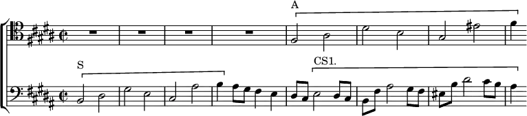 \new ChoirStaff << \override Score.BarNumber #'break-visibility = #'#(#f #f #f)
  \new Staff \relative f { \clef tenor \time 2/2 \key b \major R1*4
    \[ fis2^"A" ais | dis b | gis eis' | fis4 \] }
  \new Staff \relative b, { \clef bass \key b \major
    \[ b2^"S" dis | gis e | cis ais' | b4 \] ais8 gis fis4 e |
    dis8 cis \[ e2^"CS1." dis8 cis |
    b fis' ais2 gis8 fis | eis b' dis2 cis8 b | ais4 \] } >>