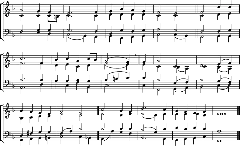\new ChoirStaff <<
\new Staff { \clef treble \time 2/2 \key f \major \set Staff.midiInstrument = "church organ" \omit Staff.TimeSignature \set Score.tempoHideNote = ##t \override Score.BarNumber #'transparent = ##t
\relative c''
<< { a2 g4 f | e2. f4 | g bes a g | f2 e \bar"||" f d'4 d \break
c2. f,4 | bes c a c8 bes | a2( g4) \breathe \bar"||" g | a2 c, | d e4( f) \break
bes a g f | a2 g \bar"||" c bes4 a | d2. c4 | bes a g a | f1 \bar"|." } \\
{ c2 4 8 b | c2. 4 | d d d d | c2 c | c d4 e
f2. 4 | d e c d | f2( e4) e | c2 bes4( a) | c2 bes4( a)
bes c d d | f2 e | f e4 f | f2( e4) f | f f f e | f1 } >>
}
\new Staff { \clef bass \key f \major \set Staff.midiInstrument = "church organ" \omit Staff.TimeSignature
\relative c
<< { f2 g4 g | g2. f4 | d g f g | a2 g | f2 4 g
a2. 4 | g g a g | a( b c) c | a2 e4( f) | a2 g4( f)
d fis g g | f( a) c2 | c c4 c | bes2( g4) c | d c d c | a1 } \\
{ f2 e4 d | c2( bes4) a | bes g a bes | c2 4( bes) | a2 bes4 4
a2. d4 | g c, f bes, | c2. 4 | f,2 g4( a) | bes2 c4( d)
g, a bes b | c2 4 bes! | a( a') g f | bes,2. a4 | g a bes c | f,1 } >>
}
>>
\layout { indent = #0 }
\midi { \tempo 4 = 96 }