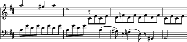 << \override Score.Rest #'style = #'classical \override Score.TimeSignature #'stencil = ##f \new Staff << \key d \major \new Voice \relative a'' { \stemUp a2 gis4 a | e2 r4 }
\new Voice \relative c' { \stemDown s1 s2 cis8 e cis e | d f d f d f d f | cis e cis e } >>
\new Staff { \clef bass \key d \major \relative a { a8 e' cis e cis e cis e | a, e' cis e s4 a,( | gis8) r f4( d8) r gis,4 | a2 } } >>