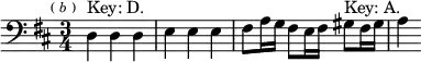 \relative d { \clef bass \key d \major \time 3/4 \mark \markup \tiny { ( \italic b ) } d4^"Key: D." d d | e e e | fis8 a16 g fis8 e16 fis gis8^"Key: A." fis16 gis | a4 }