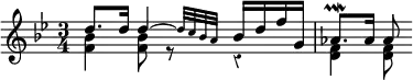 { \override Score.Rest #'style = #'classical \time 3/4 \key bes \major \relative d'' { << { d8. d16 \afterGrace d4 ~ { d32[ c bes a] } bes16 d f g, | aes8.\prallmordent aes16 aes8 } \\ { <bes f>4 q8 r r4 | <f d>4 q8 } >> } }