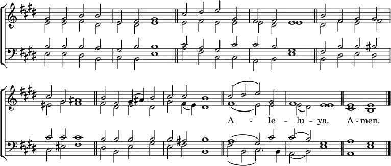 
\new ChoirStaff <<
  \new Staff { \clef treble \time 4/2 \key e \major \set Staff.midiInstrument = "church organ" \omit Staff.TimeSignature \set Score.tempoHideNote = ##t \override Score.BarNumber  #'transparent = ##t 
  \relative c''
  << { gis2 gis b b | e, fis gis1 \bar"||" cis2 dis e gis, | fis fis e1 \bar"||" b'2 fis gis gis \break
     cis gis ais1 \bar"||" b2 fis gis4( ais) b2 | cis cis b1 \bar"||" cis2( dis e) gis, | fis1 e \bar"||"
     e1 e \bar"|." } \\
  { e2 e fis dis | e dis e1 | e2 fis e e | e dis e1 | dis2 fis e fis
  eis gis fis1 | fis2 dis e dis | gis fis4( e) dis1 | fis1( e2) e | e( dis) e1
  cis b } >>
  } 
\addlyrics {_ _ _ _ _ _ _ _ _ _ _ _ _ _ _
            _ _ _ _ _ _ _ _ _ _ _ _ _ _ _ A -- _ _ le -- lu -- _ ya. A -- men.}
\new Staff { \clef bass \key e \major \set Staff.midiInstrument = "church organ" \omit Staff.TimeSignature
  \relative c'
  << { b2 b b a | gis b b1 | cis2 a gis cis | cis b gis1 | fis2 b b bis
     cis cis cis1 | b2 b b b | b ais b1 | a( gis2) cis | cis( b) gis1
     a gis } \\
  { e2 e dis b | cis b e1 | a2 fis cis cis | a b e1 | b2 dis e dis
  cis eis fis1 | dis2 b e gis | e fis b,1 | fis'2( b, cis2.) b4 | a2( b) e1
  a, e' } >>
  } 
>>
\layout { indent = #0 }
\midi { \tempo 2 = 72 }
