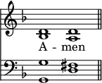 
<< <<
\new Staff { \clef treble \time 4/2 \key d \minor \set Staff.midiInstrument = "church organ" \omit Staff.TimeSignature
  \relative c' { << { d1 d \bar"||" } \\ { bes a } >> }
}
\new Lyrics \lyricmode { A -- men }
\new Staff { \clef bass \key d \minor \set Staff.midiInstrument = "church organ" \omit Staff.TimeSignature
  \relative c' { << { g1 fis } \\ { g,1 d' } >> }
}
>> >>
\layout { indent = #0 }
\midi { \tempo 2 = 69 }
