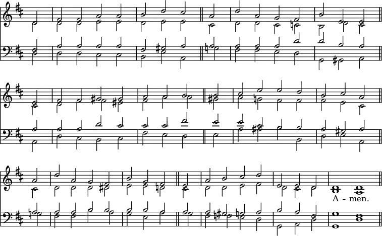 << \override Score.TimeSignature #'stencil = ##f \override Score.BarNumber #'break-visibility = #'#(#f #f #f) \new Staff { \key d \major \time 4/2 \partial 2 << \new Voice = "Sop" \relative d' { \stemUp d2 | fis fis a a | b d cis \bar "||"
  a | d a g fis | b e, e \bar "||" \break
  e | fis fis gis gis | a a b \bar "||"
  b | cis e e d b cis a \bar "||" \break
  a | d a g fis | b g fis \bar "||"
  e | a b cis d | e, e d \bar "|" \cadenzaOn d1 d \bar "||" }
\new Voice \relative d' { \stemDown d2 | d d e e | d e e
  cis d d cis c | b d cis
  cis | d fis fis eis | fis a a gis | a g! fis fis | fis e cis
  cis | d d d dis | e e d! cis | d d e fis | d cis d \cadenzaOn b1 a } >> }
\new Lyrics \lyricsto "Sop" { _ _ _ _ _ _ _ _ _ _ _ _ _ _ _ _ _ _ _ _ _ _ _ _ _ _ _ _ _ _ _ _ _ _ _ _ _ _ _ _ _ _ _ _ _ _ _ _ A -- men. }
\new Staff << \clef bass \key d \major \new Voice \relative f { \stemUp fis2 | a a a a | fis gis a a | a a a d | d b a
  a | a a d cis | cis cis fis e | e cis b b | a gis a
  a | a a b b | b b a a | a gis g a | b a fis \cadenzaOn g1 fis }
\new Voice \relative d { \stemDown d2 | d d cis cis | b e a,
  g' | fis fis e d | g, gis a
  a | d cis b cis | fis e d e | a ais b b, | d e a,
  g'! | fis fis b a | g e a g | fis f e d | g, a d \cadenzaOn g,1 d' } >>
>>