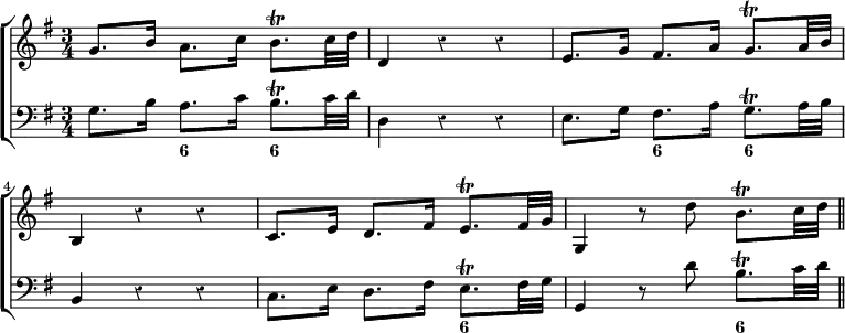 \new ChoirStaff << \override Score.Rest #'style = #'classical
  \new Staff \relative g' { \time 3/4 \key g \major  
    g8. b16 a8. c16 b8.\trill c32 d | d,4 r r |
    e8. g16 fis8. a16 g8.\trill a32 b | b,4 r r |
    c8. e16 d8. fis16 e8.\trill fis32 g |
    g,4 r8 d''8 b8.\trill c32 d \bar "||" }
  \new Staff \relative g { \clef bass \key g \major
    g8. b16 a8. c16 b8.\trill c32 d | d,4 r r |
    e8. g16 fis8. a16 g8.\trill a32 b | b,4 r r |
    c8. e16 d8. fis16 e8.\trill fis32 g |
    g,4 r8 d''8 b8.\trill c32 d }
  \figures { s4 <6> <6> s2. s4 <6> <6> s2. s2 <6>2. <6>4 } >>