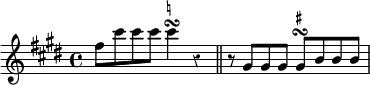 { \relative f'' { \key cis \minor \time 4/4 \override Score.Rest #'style = #'classical
fis8 cis' cis cis cis4\turn^\markup \teeny \natural r \bar "||"
r8 gis, gis gis gis\turn^\markup \teeny \sharp b b b } }