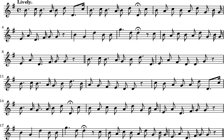 { \relative b' { \key g \major \time 4/4 \tempo "Lively." \autoBeamOff \override Score.Rest #'style = #'classical
 b8. c16 b8. a16 b8 d d,8.[ c'16] |
 b8. c16 b8. a16 b8 d d,\fermata c' | %end line 1
 b a c b a d g, b16 g | e8 a d,8. fis16 g8 g r4 | %end line 2
 b g d' b8 b | g'4. d8 d4\fermata r8 c | b a c b a d g, b16 g | %e3
 e8 a d,8. fis16 g8 g r4 \bar "||"
 b8. c16 b8. a16 g8 b d8. d,16 | %end line 4
 e8 a fis d d g r4 | b8. c16 b8. a16 g8 b d8. b16 | %end line 5
 a8 g fis e d d r4 | c'8 b a g a d d,8.[ c'16] | %end line 6
 b8. a16 g8. a16 b8 d d,\fermata c' |
 b a c b a d g, b16 a | %end line 7
 e8 a d,8. fis16 g8 g r4 | b g d' b8 b | g'4. d8 d4\fermata r8 c |%8
 b8 a c b a d g, b16 g | e8 a d,8. fis16 g8 g r4 \bar "||" } }