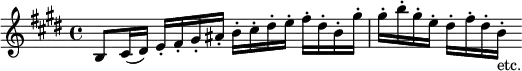 { \relative b { \key e \major \time 4/4
b8 cis16( dis) e-. fis-. gis-. ais-. b-. cis-. dis-. e-. fis-. dis-. b-. gis'-. |
gis-. b-. gis-. e-. dis-. fis-. dis-. b-._"etc." } }