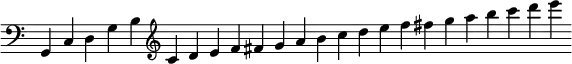 { \override Score.TimeSignature #'stencil = ##f \clef bass \relative g, { \cadenzaOn g4 c d g b \clef treble c d e f fis g a b c d e f fis g a b c d e } }