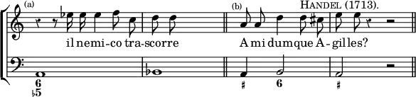 \new ChoirStaff << \override Score.Rest #'style = #'classical \override Score.TimeSignature #'stencil = ##f
\new Staff \relative e'' { \time 4/4 \mark \markup \tiny "(a)" \autoBeamOff
r4 r8 ees16 ees ees4 f8 c | d8 d s4*3/1 \bar "||" s4^\markup \tiny "(b)" a8 a d4 d8^\markup \caps "Handel (1713)." cis | e8 e r4 r2 \bar "||" }
\addlyrics { il ne -- mi -- co tra -- scor -- re A mi dum -- que A -- gil -- les? }
\new Staff { \clef bass a,1 bes,1*1/2 s4 s2 a,4 b,2 a, r }
\figures { < 6 5- >1 < _ >1*1/2 < _ >2. < _+ >4 < 6 >2 < _+ > } >>