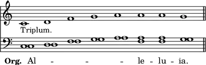 << \new Staff { \override Score.TimeSignature #'stencil = ##f \time 8/1 \relative c' { c1_"Triplum." d f g a a a g \bar "||" } }
\new Staff { \clef bass << \new Voice { c1 d f g a a a g } \new Voice = "Org" { \shiftOn c1 d f g a \shiftOff f f \shiftOn g } >> }
\new Lyrics \lyricsto "Org" { \set stanza = #"Org. " Al -- _ _ _ _ le -- lu -- ia. } >>