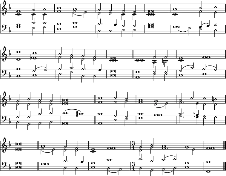 
<< <<
\new Staff { \clef treble \time 4/2 \key f \major \set Staff.midiInstrument = "church organ" \omit Staff.TimeSignature \set Score.tempoHideNote = ##t \override Score.BarNumber  #'transparent = ##t \override Staff.NoteHead.style = #'altdefault
  \relative c'
  << { f1 g2 a | bes1 a | g2 f f e | f \breve \bar"||" a1 bes2 c | \break
       d1 c | bes2 a g f | e \breve \bar"||" c1 f2 f | e1 f | \break
       g2 bes a g | a \breve \bar"||" c1 c2 bes | a1 g | a2 c c b | \break
       c \breve \bar"||" a1 g2 f | e1 f | 
       \undo \omit Staff.TimeSignature \time 3/1 g2 bes a1 g | f \bar"|." } \\
  { c1 c2 c | f1 f2( e) | d d c c | c \breve | c1 f2 e |
    d1 es | f2 f d d | c \breve | c1 a2 b | c1 f |
    d2 d f d | e \breve | f1 f2 g | f1 d2( e) | f2. e4 d2 d |
    e \breve | f2( e) d d | c1 f | d2 g f1. e2 | f1 } >>
}
\new Staff { \clef bass \key f \major \set Staff.midiInstrument = "church organ" \omit Staff.TimeSignature \override Staff.NoteHead.style = #'altdefault
  \relative c'
  << { a1 c2 c | bes1 c | bes2. a4 g2 g | a \breve | f1 f4( g) a2 |
       bes1 g2( a) | bes c bes2. a4 | g \breve | f1 f2 f | g( c) bes( a) |
       g g c d | d1( cis) | c a2 g | c1 bes | c2. b4 a2 g |
       g \breve | f1 bes2. a4 | g1 c |
       \undo \omit Staff.TimeSignature d2 bes c( d) g,1 | a } \\
  { f1 e2 f | d1 f | bes,2 bes c c | f \breve | f2( e) d c |
    bes1 c | d2 f bes, bes | c \breve | a1 d2 d | c1 d |
    bes2 g a bes | a \breve | a1 d2 e | f1 bes | a2. g4 f2 g |
    c, \breve | f1 bes,2 bes | c1 bes2( a) | bes g a( bes) c1 | f, } >>
}
>> >>
\layout { indent = #0 }
\midi { \tempo 2 = 66 }

