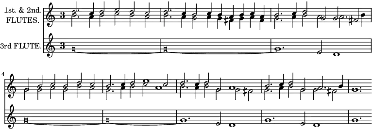 
\new Grandstaff <<
  \new Staff = "1st & 2nd flutes" \with {
    instrumentName = \markup \center-column {
                       "1st. & 2nd."
                       "FLUTES."
                     }
    midiInstrument = "Flute"
  } <<
    \new Voice = "first" \relative c'' {
      \voiceOne
      \key c \major
      \override Staff.TimeSignature.style = #'single-digit
      \time 3/1
      d2. c4 d2 e d c
      d2. c4 b2 c4 b a b c a
      b2. c4 d2 g, g fis
      g b c b d c
      b2. c4 d2 e1 c2
      d2. c4 d2 g, a1
      b2. c4 d2 g, a2. b4
      \once\override NoteColumn.ignore-collision = ##t
      g1.
    }
    \new Voice = "second" \relative c'' {
      \voiceTwo
      \key c \major
      \override Staff.TimeSignature.style = #'single-digit
      \time 3/1
      b2. a4 b2 c b a
      b2. a4 g2 a4 g fis g a fis
      g2. a4 b2 a a2. b4
      g2 g a g b a
      g2. a4 b2 c a1
      b2. a4 b2 g g fis
      g2. a4 b2 g g fis
      \once\override NoteColumn.ignore-collision = ##t
      g1.
    }
  >>
  \new Staff = "3rd flute" \with {
    instrumentName = "3rd FLUTE."
    midiInstrument = "Flute"
  } \relative c'' {
    \key c \major
    \override Staff.TimeSignature.style = #'single-digit
    \time 3/1
    \override NoteHead.style = #'mensural
    g\breve*3/2~
    g\breve*3/2~
    \revert NoteHead.style
    g1. e2 d1
    \override NoteHead.style = #'mensural
    g\breve*3/2~
    g\breve*3/2~
    \revert NoteHead.style
    g1. e2 d1
    g1. e2 d1
    g1.
  }
>>
\layout {
  indent = 2\cm
}
