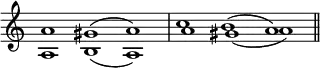 { \override Score.TimeSignature #'stencil = ##f \time 3/1 \key c \major <<
\new Voice \relative a' { a1 gis^( a) | c b^( a) \bar "||" }
\new Voice \relative a { a b_( a) | a' gis_( a) } >> }