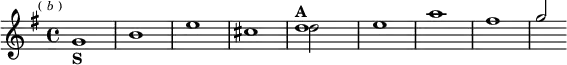 \relative d'' { \key g \major \time 4/4 \mark \markup \tiny { ( \italic b ) } << { s1 s s s d^\markup { \bold A } e a fis g2 } \\ { g,1_\markup { \bold S } b e cis d2 } >> }