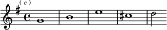 \relative g' { \key g \major \time 4/4 \mark \markup \tiny { ( \italic c ) } g1 b e cis d2 }