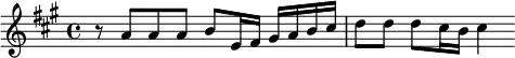 { \relative a' { \time 4/4 \key a \major
r8 a a a b e,16 fis gis a b cis | d8 d d cis16 b cis4 } }