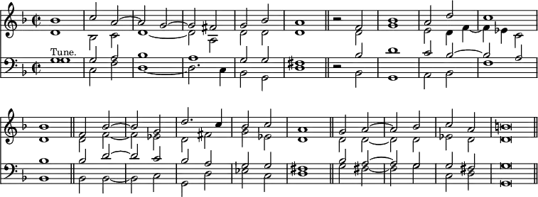 { << \new Staff <<
 \new Voice \relative b' { \omit Score.BarNumber \key d \minor \time 2/2 \stemUp
  bes1 | c2 a ^~ | a g ^~ | g fis | g bes | %end line 1
  a1 \bar "||" r2 f | bes1 | a2 d | c1 | bes \bar "||" %end line 2
  f2 bes ^~ | bes g | d'2. c4 | bes2 c | a1 \bar "||" %end line 3
  g2 a ^~ | a bes | c a | b\breve*1/2 \bar "||" }
 \new Voice \relative d ' { \stemDown
  d1 | bes2 c | d1 _~ | d2 a | d d | %end line 1
  d1 | r2 d | g1 | e2 d4 f _~ | f ees c2 | d1 | %end line 2
  d2 f _~ | f ees | d fis | g ees | d1 %end line 3
  d2 d _~ | d d | ees d | d\breve*1/2 } >>
\new Staff <<
 \new Voice \relative g { \clef bass \key d \minor \stemUp
  g1^\markup \small "Tune." | g2 a | bes1 a | g2 g | %end line 1
  fis1 | r2 bes | d1 | c2 bes ^~ | bes a | bes1 | %end line 2
  bes2 d ^~ | d c | bes a | g g | fis1 | %end line 3
  bes2 a ^~ | a g | g fis | g\breve*1/2 }
 \new Voice \relative g { \stemDown
  g1 | c,2 f | d1 _~ | d2. c4 | bes2 g | %end line 1
  d'1 | r2 bes | g1 | a2 bes | f'1 | bes, | %end line 2
  bes2 bes _~ | bes c | g d' | ees c | d1 | %end line 3
  g2 fis _~ | fis g | c, d | g,\breve*1/2 } >> >> }