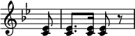 { \override Score.BarNumber #'break-visibility = #'#(#f #f #f) \override Score.Rest #'style = #'classical \override Score.TimeSignature #'stencil = ##f \time 2/4 \partial 8 \key bes \major <ees' c'>8 q8. q16 q8 r }
