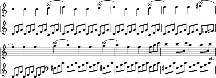 { << \new Staff \relative c'' { \override Score.TimeSignature #'stencil = ##f \override TupletNumber #'stencil = ##f \override Score.BarNumber #'break-visibility = #'#(#f #f #f)
c4 c c d(\turn | e) c c d(\turn | %end line 1
e) c c d(\turn | e) e e fis(\turn | %end line 2
g) g g a(\turn | b) g g a(\turn | %end line 3
b) g g \tuplet 3/2 { g8 b d } | c4 c8. d16 b4 b8. c16_"etc." }
\new Staff \relative c'{ \override TupletNumber #'stencil = ##f
\tuplet 3/2 4 {
\repeat unfold 3 { \repeat unfold 3 { c8 e g } b, d g }
\repeat unfold 3 { c, e g } c, ees fis | %end line 2
\repeat unfold 3 { b, d g } \clef bass fis, a d |
\repeat unfold 3 { g, b d } fis, a d | %end line 3
\repeat unfold 4 { g, b d } |
fis, a d fis, a d g, b d g, b d } } >> }