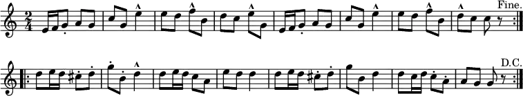 { \override Score.BarNumber #'break-visibility = #'#(#f #f #f) \time 2/4 \relative e' { \repeat volta 2 { e16 f g8-. a g | c g e'4-^ | e8 d f-^ b, | d c e-^ g, | e16 f g8-. a g | c g e'4-^ | e8 d f-^ b, | d-^ c c r^"Fine." } \repeat volta 2 { d e16 d cis8-. d-. | g-. b,-. d4-^ | d8 e16 d c8 a | e' d d4 | d8 e16 d cis8-. d-. | g b, d4 | d8 c16 d c8-. a-. a g g r^"D.C." } } }