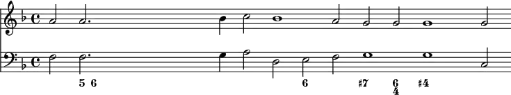 { \time 4/4 \key f \major << \relative a' { \cadenzaOn a2 a2. bes4 c2 bes1 a2 g g g1 g2 } \new Staff { \clef bass \key f \major \relative f { f2 f2. g4 a2 d, e f g1 g c,2 } } \figures { s2 <5>16 <6> s8 s2 s4 s2 s <6> s <7 +> <6 4> <4+> }
>> }