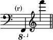 { \override Score.TimeSignature #'stencil = ##f \time 2/4 \tempo \markup { \smaller \medium "(r)" } \ottava #-1 \clef bass f,, \ottava #0 \clef treble f''' \bar "||" }