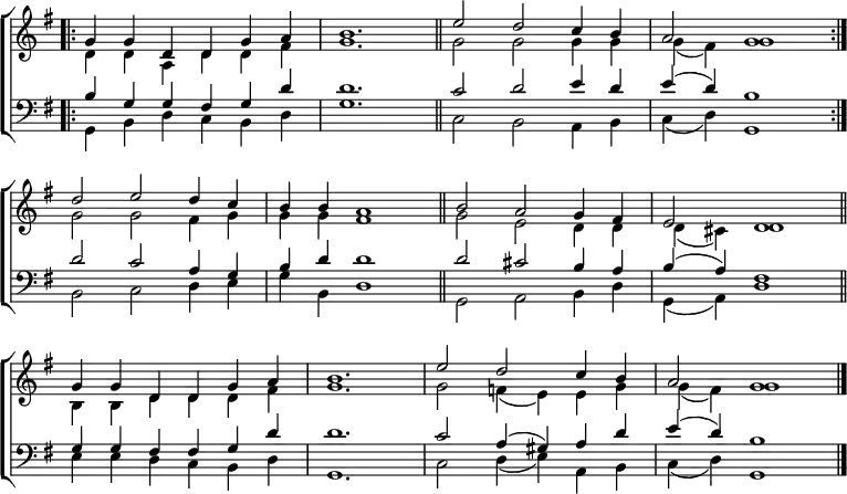 
\new ChoirStaff <<
  \new Staff { \clef treble \time 6/4 \key g \major \set Staff.midiInstrument = "church organ" \omit Staff.TimeSignature \set Score.tempoHideNote = ##t \override Score.BarNumber  #'transparent = ##t 
  \relative c''
  << { \bar".|:" g4 g d d g a | b1. \bar"||" e2 d c4 b | a2 g1 \bar":|." \break
       d'2 e d4 c | b b a1 \bar"||" b2 a g4 fis | e2 d1 \bar"||" \break
       g4 g d d g a | b1. | e2 d c4 b a2 g1 \bar"|." } \\
  { d4 d a d d fis | g1. | g2 g g4 g | g( fis) g1
    g2 g fis4 g | g g fis1 | g2 e d4 d | d( cis) d1
    b4 b d d d fis | g1. | g2 f4( e) e g | g( fis) g1 } >>
  } 
\new Staff { \clef bass \key g \major \set Staff.midiInstrument = "church organ" \omit Staff.TimeSignature  
  \relative c'
  << { b4 g g fis g d' | d1. | c2 d e4 d | e( d) b1
       d2 c a4 g | b d d1 | d2 cis b4 a | b( a) fis1
       g4 g fis fis g d' | d1. | c2 a4( gis) a d | e( d) b1 } \\
  { g,4 b d c b d | g1. | c,2 b a4 b | c( d) g,1 
    b2 c d4 e | g b, d1 | g,2 a b4 d| g,( a) d1
    e4 e d c b d | g,1. | c2 d4( e) a, b | c( d) g,1 } >>
  } 
>>
\layout { indent = #0 }
\midi { \tempo 4 = 100 }
