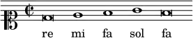 { \time 2/2 \clef soprano \relative d' { \cadenzaOn d\breve e1 f g f\breve } \addlyrics { re mi fa sol fa } }