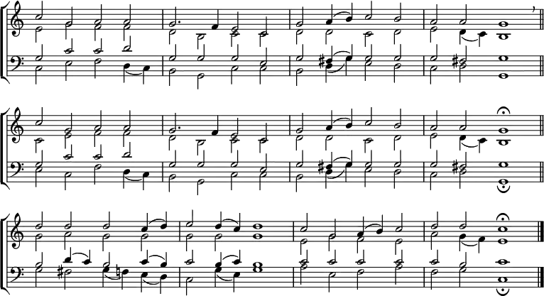 
\new ChoirStaff <<
  \new Staff { \clef treble \time 4/2 \key c \major \set Staff.midiInstrument = "church organ" \omit Staff.TimeSignature \set Score.tempoHideNote = ##t \override Score.BarNumber  #'transparent = ##t
  \relative c''
  << { c2 g a a | g2. f4 e2 c | g' a4( b) c2 b | a a g1 \breathe \bar"||" \break
       c2 g a a | g2. f4 e2 c | g' a4( b) c2 b | a a g1 \fermata \bar"||" \break
       d'2 d d c4( d) | e2 d4( c) d1 | c2 g a4( b) c2 | d d c1 \fermata \bar"|." } \\
  { e,2 g f f | d b c c | d d c d | e d4( c) b1
    c2 e f f | d b c c | d d c d | e d4( c) b1 
    g'2 a g g | g g g1 | e2 g f e | a g4( f) e1 } >>
  } 
\new Staff { \clef bass \key c \major \set Staff.midiInstrument = "church organ" \omit Staff.TimeSignature
  \relative c'
  << { g2 c c d | g, g g e | g fis4( g) g2 g | g fis g1
       g2 c c d | g, g g e | g fis4( g) g2 g | g fis g1
       b2 d4( c) b2 c4( b) | c2 b4( c) b1 | c2 c c c | c b c1 } \\
  { c,2 e f d4( c) | b2 g c c | b d4( g) e2 d | c d g,1
    e'2 c f d4( c) | b2 g c c | b d4( g) e2 d | c d g,1 \fermata
    g'2 fis g4( f) e( d) | c2 g'4( e) g1 | a2 e f a | f g c,1 \fermata} >>
  } 
>>
\layout { indent = #0 }
\midi { \tempo 2 = 66 }
