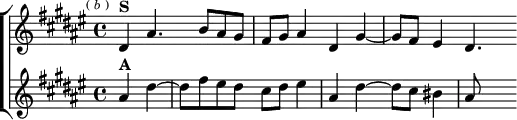 
\layout {
  \context { \Score \remove "Timing_translator" \remove "Default_bar_line_engraver" }
  \context { \Staff \consists "Timing_translator" \consists "Default_bar_line_engraver" } }
\header { tagline = ##f }
\score { \new ChoirStaff <<
  \new Staff \relative d' { \key dis \minor \time 4/4 \mark \markup \tiny { ( \italic b ) } 
    \cadenzaOn dis4^\markup \bold "S" ais'4. b8[ ais gis] \bar "|"
    fis[ gis] ais4 dis, gis ~ \bar "|" gis8[ fis] eis4 dis4. }
  \new Staff \relative a' { \key dis \minor
    \cadenzaOn ais4^\markup \bold "A" dis ~ \bar "|"
    dis8[ fis eis dis] cis[ dis] eis4 \bar "|"
    ais, dis ~ dis8[ cis] bis4 \bar "|" ais8 s4 } >> }